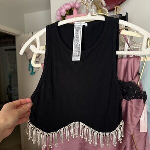 ZARA Black tank crop Top with rhinestone Fringe